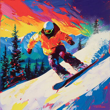 Snowboarder jumping in mountains. Colorful painting. Vector illustration.