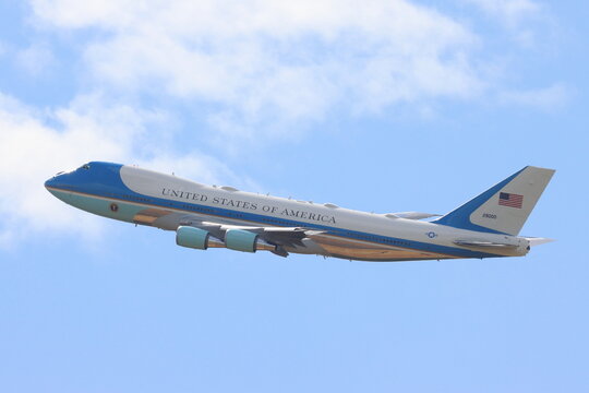 Airforce 1, Boeing 747,  departing London Stansted Airport, Essex following the coronation of King Charles 111