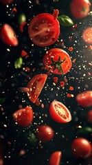 ultra realistic illustration of tomatoes pieces fall befor the black background