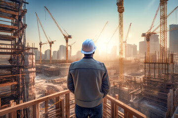 Rear view of engineer or worker in hardhat and safety vest inspecting a construction site. Generative AI