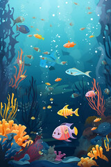 Fototapeta na wymiar An illustration with ocean life with a a mix of colorful fish