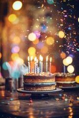 The birthday cake, complete with candles, with a bokeh background