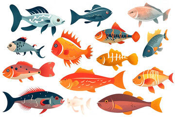 An illustration with various fish on a white background