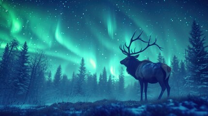 A mystical elk captures starlight and the aurora borealis, embodying the concept of animals resonating with cosmic energy. 
