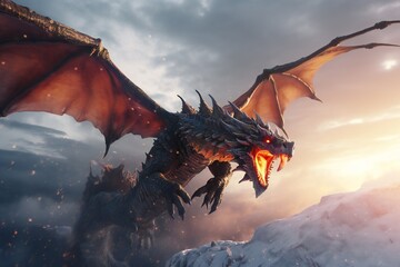 Monster dragon on mountain with fire detail realistic lightning dark