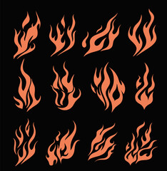 Set of fire flames on a dark background. Vector illustration for flash tattoo and stickers.
 