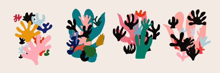 Obraz premium Set of colorful postcards with floral organic shapes in paper applique style Inspired by Matisse and naive art.