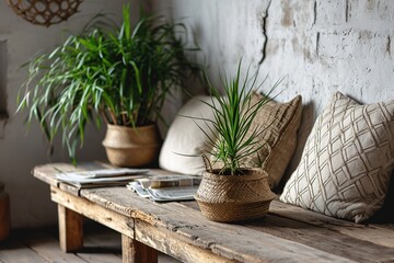 Couch with pillows between wooden table with plant in pot and newspaper organizer, real photo with copy space on the empty white wall