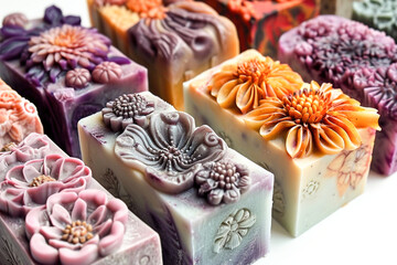 Artisan soap-making with creative molds and designs.