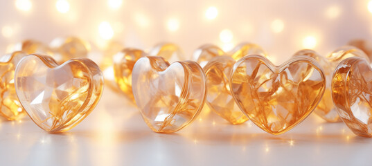 Heart shaped glass beads on a white background with bokeh lights.