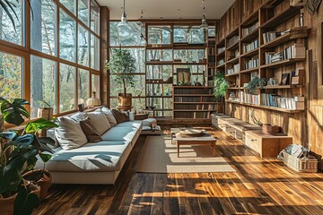Beige and wooden living room interior with couch and bookshelves