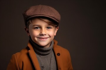 Portrait of a cute little boy in a beret and coat. Studio shot.
