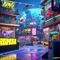 Futuristic arcade game scene with neon lights. 3d rendering