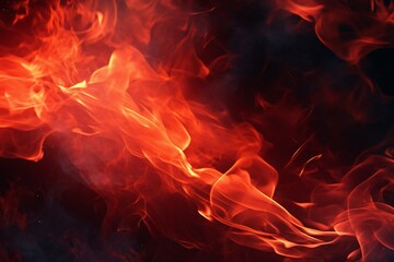 Fototapeta premium Red flames on black background. Texture of fire. Bonfire for burning of garbage, cooking. Close up.