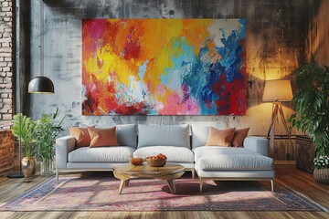 cheerful and happy mood living room idea of home decor design with colorful abstract painting art wall hanging picture, mockup idea