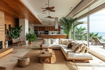 Bright and spacious living room in tropical home - obrazy, fototapety, plakaty