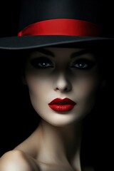 black and white, mysterious woman with black hat and red lips