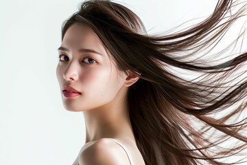 Fototapeta premium 黒髪の綺麗な日本人女性の写真（ヘアケア・ロングヘア・縮毛矯正・ストレート・背景なし）