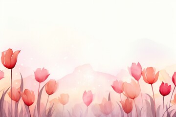 Watercolor wet ink style, soft spring field, tulip flowers, minimal with empty copy space Generative Ai