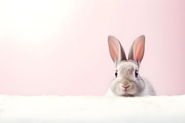 Cute white rabbit on pink background with copy space. Easter concept.