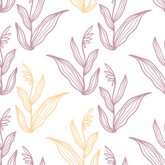 Fototapeta premium Trendy floral seamless pattern. Hand-drawn contour lines of fantastic flowers in magenta and yellow. Vector sketch illustration of tropical plants