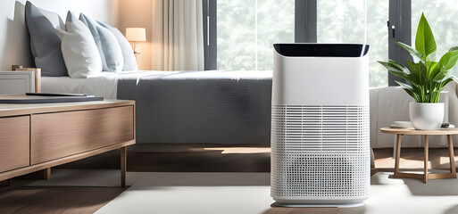 Air purifier in living room for filter and cleaning removing dust PM2.5 HEPA in home, for fresh air and healthy life,Air Pollution Concept