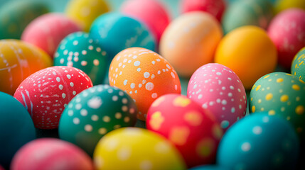 Fototapeta na wymiar Vibrant hand-painted Easter eggs with patterns, selective focus. Perfect holiday background or wallpaper. 