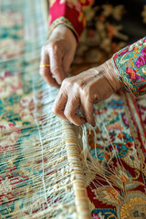 Fototapeta premium Hands weaving intricate patterns in textiles.