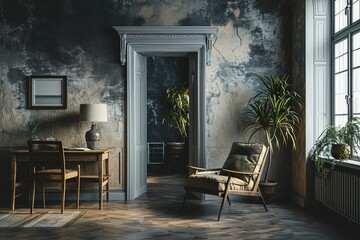 Grey living room concept, door detail, working table and chair style.
