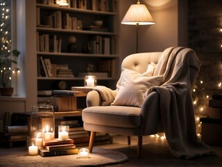 a comfortable reading space with a cozy chair, a blanket, and a stack of books. Use soft lighting to create a relaxed ambiance. 
