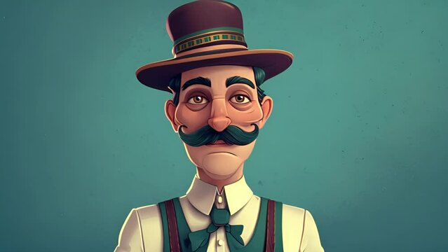 Cartoon digital avatars of Vintage Clothing Shop Owner A retro man with a handlebar mustache, sporting suspenders and a fedora hat.