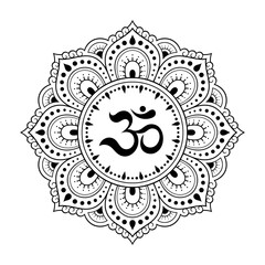 Circular pattern in form of mandala for with flower Henna, Mehndi, tattoo, decoration. Decorative ornament in oriental style with ancient Hindu mantra OM. Outline doodle vector illustration.