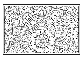 Outline floral pattern in mehndi style for coloring book page. Antistress for adults and children. Doodle ornament in black and white. Hand draw vector illustration.