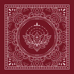 Circular pattern in form of mandala with Lotus flower for Henna, Mehndi, decoration. Red decorative ornament in ethnic oriental style for a bandana. Outline doodle hand draw vector illustration.