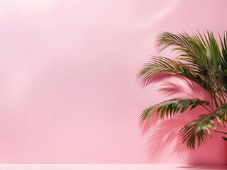 Fototapeta na wymiar Pink wall with palm tree and shadow from palm leaves 