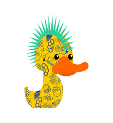 Rubber duck punk. Toy yellow duck punk. Mohawk and tattoo. Anarchy and piercing