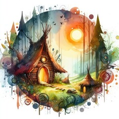Enchanting Forest Retreat: Watercolor Fantasy with Wooden Cottage
