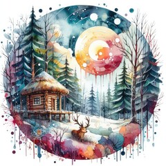 Enchanting Winter Fantasy: Watercolor Cottage in Abstract Forest Landscape
