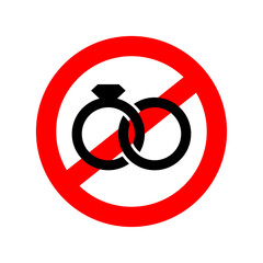 Stop Wedding sign. No Two rings Wedding symbol. Ban Red prohibition sign.