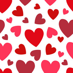 Seamless vector pattern of red, pink and purple hearts on a white background for packaging, fabric, wallpaper for the holidays Valentine's Day, wedding, birthday