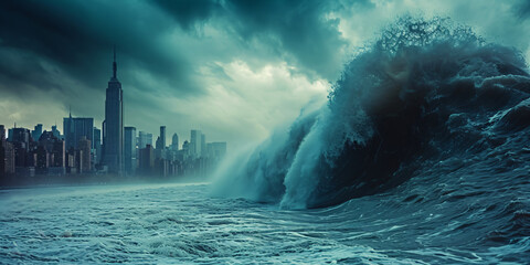 a huge storm surge with a deadly tidal wave is racing towards a large city - obrazy, fototapety, plakaty