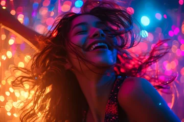 Gardinen Joyful woman dancing in vibrant club lights, expressing happiness and nightlife energy. © robertuzhbt89