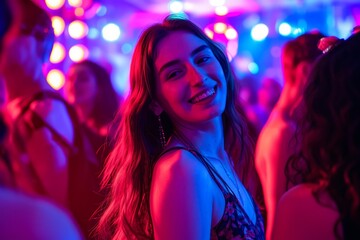 Smiling young woman enjoying a vibrant party atmosphere with colorful lights in the background.