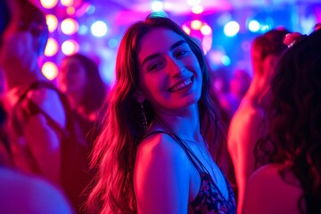 Naklejka premium Smiling young woman enjoying a vibrant party atmosphere with colorful lights in the background.