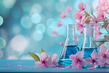 Botanical Research: Erlenmeyer Flasks with Blue Liquid and Cherry Blossoms