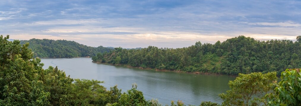 Late afternoon landscape panorama on scenic Kaptai lake, Rangamati, Chittagong, Bangladesh