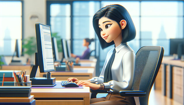 woman of Asian appearance call center employee cartoon