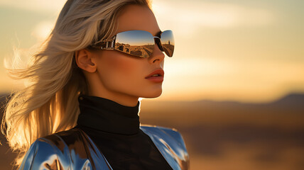 futuristic blonde luxurious and elegant woman in the desert