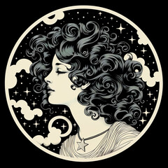 Beautiful girl with curly hair in the moonlight. Vector illustration.