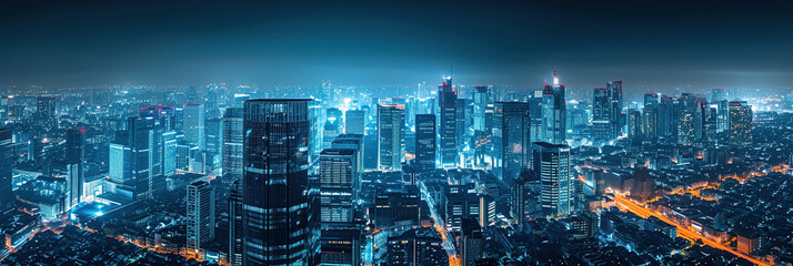 A cityscape at night with high-tech lighting effects.